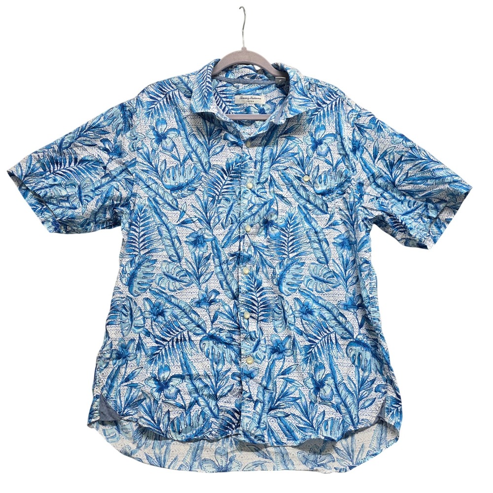 Tommy‎ Bahama Tortola Mens Large Blue White Tropical Floral Tencel Cotton Shirt